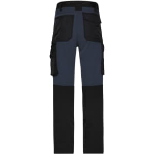 Workwear stretch-pants featuring a combination of navy and black, with multiple pockets and a logo.