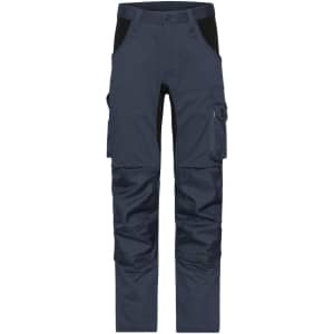 Navy blue work pants with black accents and multiple pockets, featuring a logo on the waistband.
