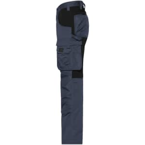 A pair of navy work pants featuring black accents and multiple pockets. The design includes a logo on the waistband.