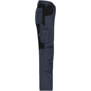 A side view of navy workpants with black accents and multiple pockets, featuring a logo.