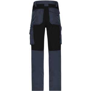 Workwear stretch pants in navy and black featuring multiple pockets and a durable design. Includes a logo.