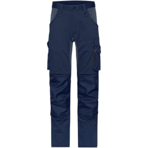 Navy work pants with multiple pockets and a logo, featuring stretch material and a modern design.
