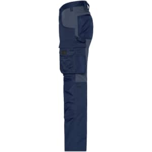 Navy blue work pants featuring multiple pockets and a grey panel design, with branding present.