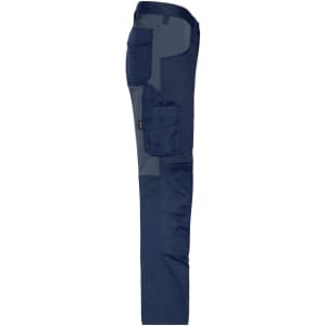 Navy work pants featuring grey accents, designed for durability with multiple pockets and a logo.