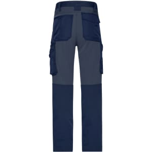 Workwear Stretch-Pants in navy and grey, featuring multiple pockets and a durable design, with a logo on the waistband.