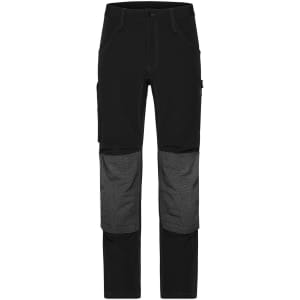 Workwear pants in black with grey accents and 4-way stretch material, featuring pockets and a sleek design.