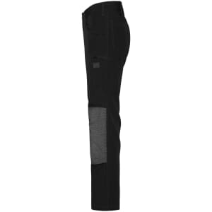 A pair of black work pants with 4-way stretch and grey accents, featuring pockets and a logo.