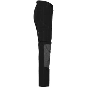 A pair of black workwear pants with grey accents and multiple pockets, featuring a 4-way stretch design.