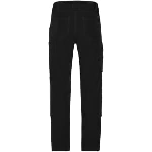 Black workwear pants with a 4-way stretch feature, showcasing pockets and a fitted design from the back.