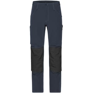 Workwear pants in navy with black knee patches, featuring a sleek design and a logo on the side.