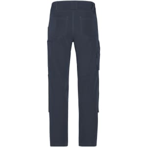 Navy work pants with a 4-way stretch design, featuring multiple pockets and a logo on the waistband.