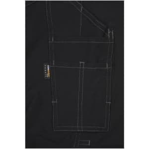 Black workwear pants featuring multiple pockets and contrasting stitching, with a brand logo present.