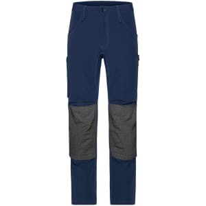 Workwear pants in navy with grey knee panels, featuring a sleek design and multiple pockets. Includes a logo.