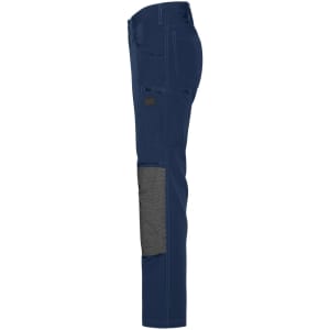 Navy workwear pants with 4-way stretch design and a grey knee patch. Features pockets and a logo.