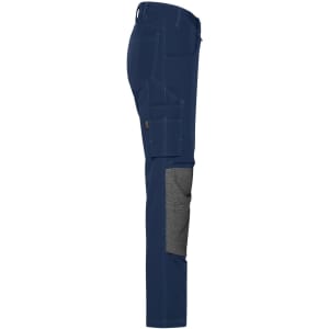 Navy blue work pants featuring a 4-way stretch design and a grey panel on the side, complete with a branding logo.