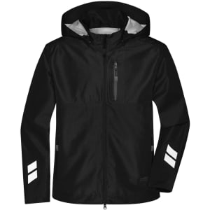 A black hardshell workwear jacket with a hood, featuring reflective details and a zippered front pocket.