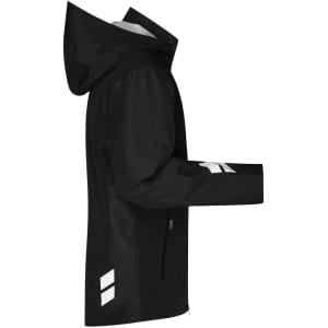 A black hardshell workwear jacket with a hood and white reflective detailing on the sleeves.