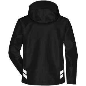A black hardshell workwear jacket featuring a hood and reflective stripes on the back. It has a logo on the design.