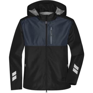 A Hardshell Workwear Jacket in black and navy, featuring a zippered front, hood, and reflective accents.