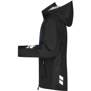 A black hardshell workwear jacket with a hood, featuring reflective detailing and a logo.