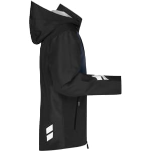 A black hardshell workwear jacket with a hood and reflective elements on the sleeves. It features a zippered front.