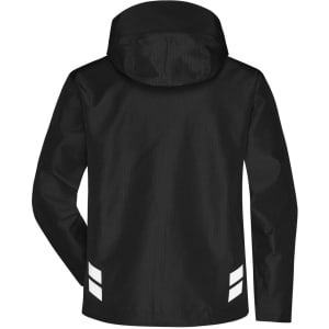 A black hardshell workwear jacket with a hood and reflective stripes on the back. It features a logo.