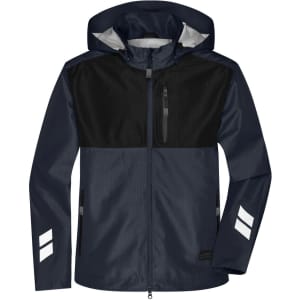 A navy blue workwear jacket with a black panel, featuring reflective stripes and a hood. It includes a zippered pocket.