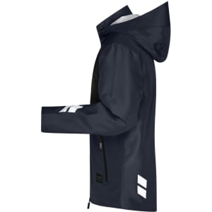 A navy blue hardshell workwear jacket with a hood, featuring a logo on the sleeve and a side zip pocket.