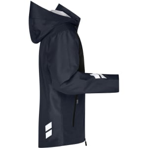 A navy blue hardshell workwear jacket with a hood and reflective accents, featuring a logo on the sleeve.