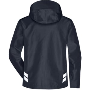 A navy hardshell workwear jacket with a hood and reflective detailing on the sleeves. Features a logo on the back.