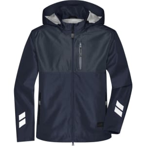 A navy hardshell workwear jacket with a hood, featuring reflective accents and zippered pockets.