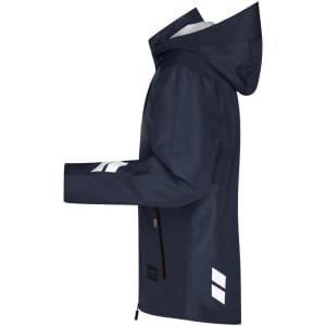 A navy Hardshell Workwear Jacket with a hood and reflective stripes, featuring a zippered front and pockets.