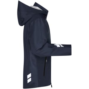 A navy hardshell workwear jacket with a hood, featuring reflective accents and zipped pockets on the sides.