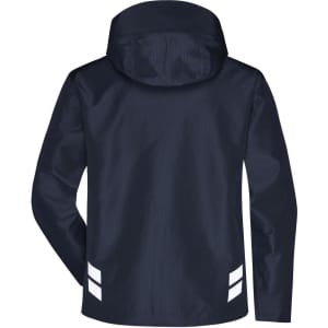 A navy Hardshell Workwear Jacket with reflective stripes and a hood, featuring a logo on the back.