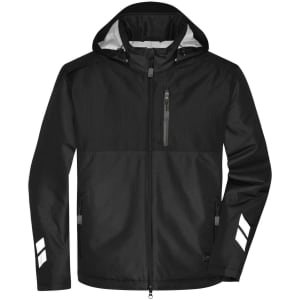 A black padded hardshell workwear jacket with a hood, featuring reflective accents and a zippered chest pocket.