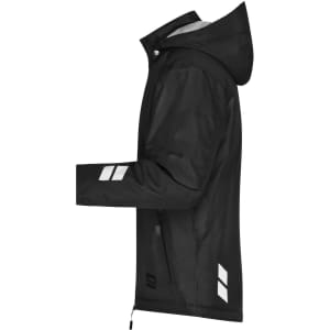 A black padded hardshell workwear jacket with a hood and reflective detailing. It features a branded logo.