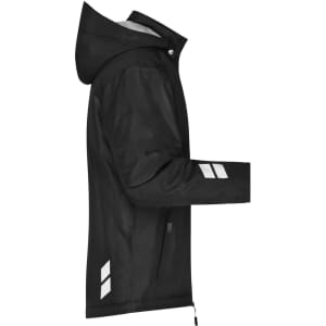 A black padded hardshell workwear jacket with a hood and reflective detailing, featuring a logo.
