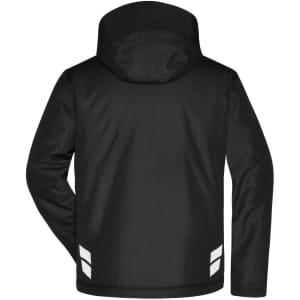 A padded hardshell workwear jacket in black with reflective detailing and a hood. Features a logo on the back.