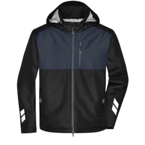 A padded hardshell workwear jacket featuring a navy and black design with a hood and reflective accents.