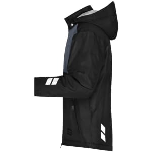 A black padded hardshell workwear jacket with a hood and reflective accents, showcasing a sleek side view.