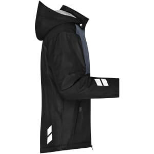 A padded hardshell workwear jacket in black and grey, featuring reflective details and a hood, with a logo.