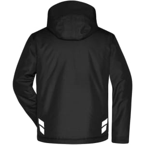 A padded hardshell workwear jacket in black with reflective accents and a hood, featuring a logo on the back.