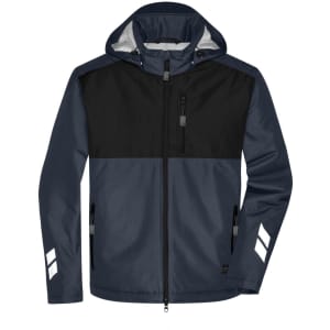 A padded hardshell workwear jacket in navy and black, featuring a hood and reflective detailing. It has a logo on the chest.