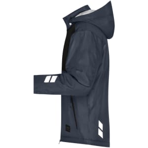 A padded hardshell workwear jacket in navy blue with reflective accents and a hood, featuring a logo.