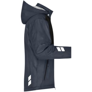 A padded hardshell workwear jacket in navy blue, featuring reflective details and a hood, with a logo present.