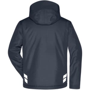 A navy padded hardshell workwear jacket, featuring a hood and reflective accents on the back.