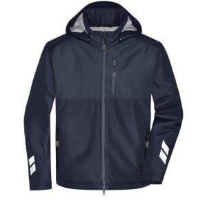 A navy padded hardshell workwear jacket featuring a hood and reflective stripes on the sleeves.