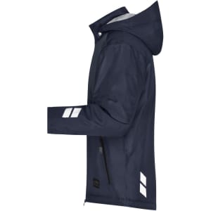 A navy padded hardshell workwear jacket with a hood, featuring reflective elements and a logo.