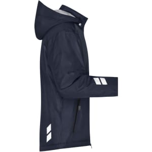 A navy blue padded hardshell workwear jacket with a hood and reflective detailing, featuring a branded logo.