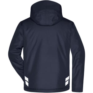 A navy padded hardshell workwear jacket with a hood and reflective stripes on the sleeves. Features a logo.
